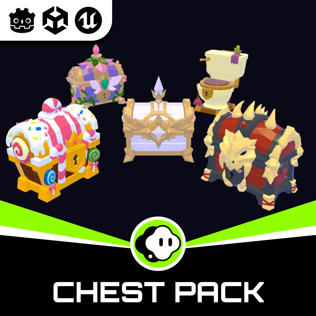 A lineup of colorful low-poly fantasy treasure chests